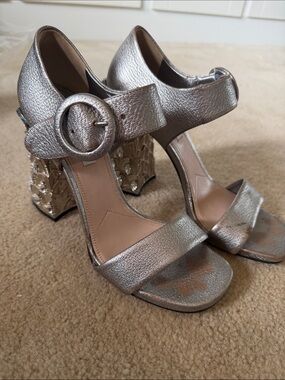 Miu Miu Metallic Silver Embellished Block Heel Sandals